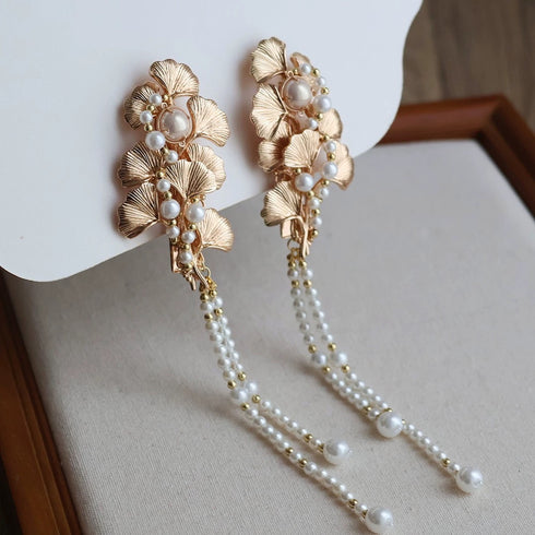 Gold Leaf and Pearl Hair Barrette with Tassels
